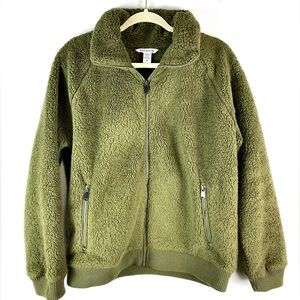 Athleta Size Medium Olive Green Teddy Fleece Full Zip Sweater
